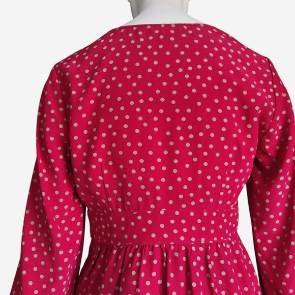 BODEN Elsie Boho Tan Polk Dot & Red w Peplum Long Sleeve Viscose Top Sz 2P - Picture 6 of 11